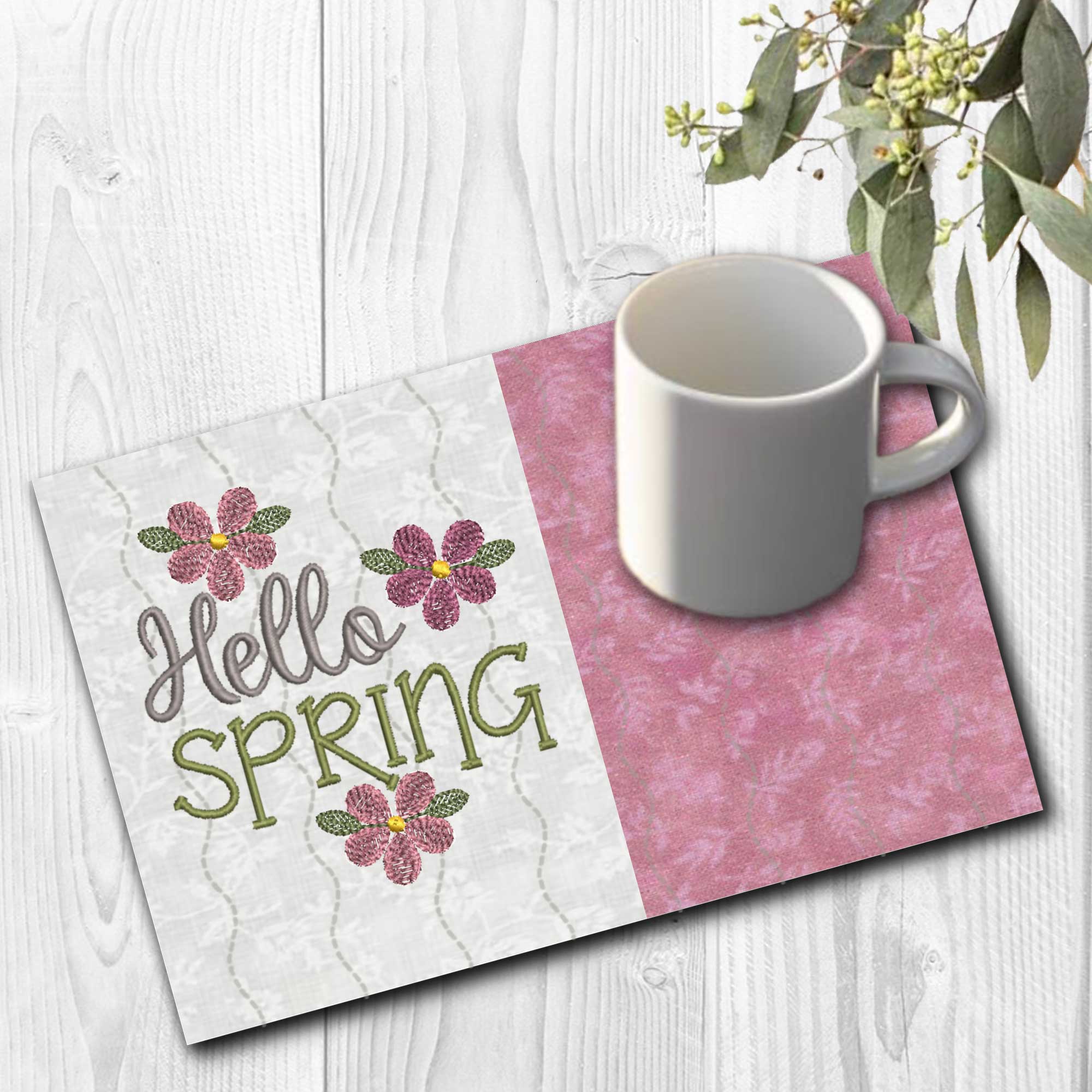 Hello Spring Mug Rug #1167 - Embroidery Village LLC