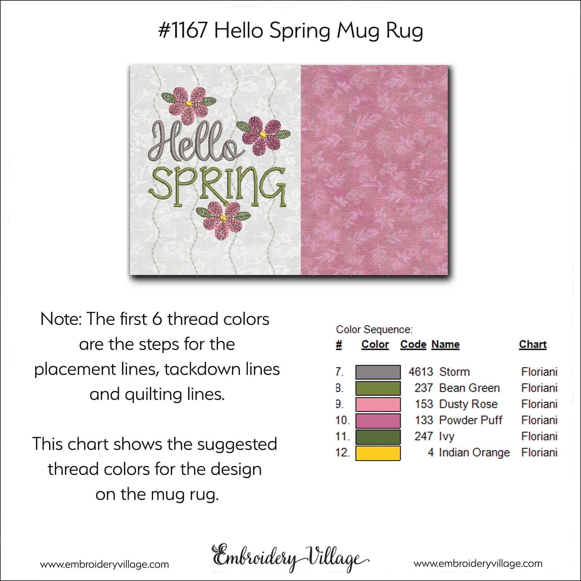 Hello Spring Mug Rug #1167 - Embroidery Village LLC