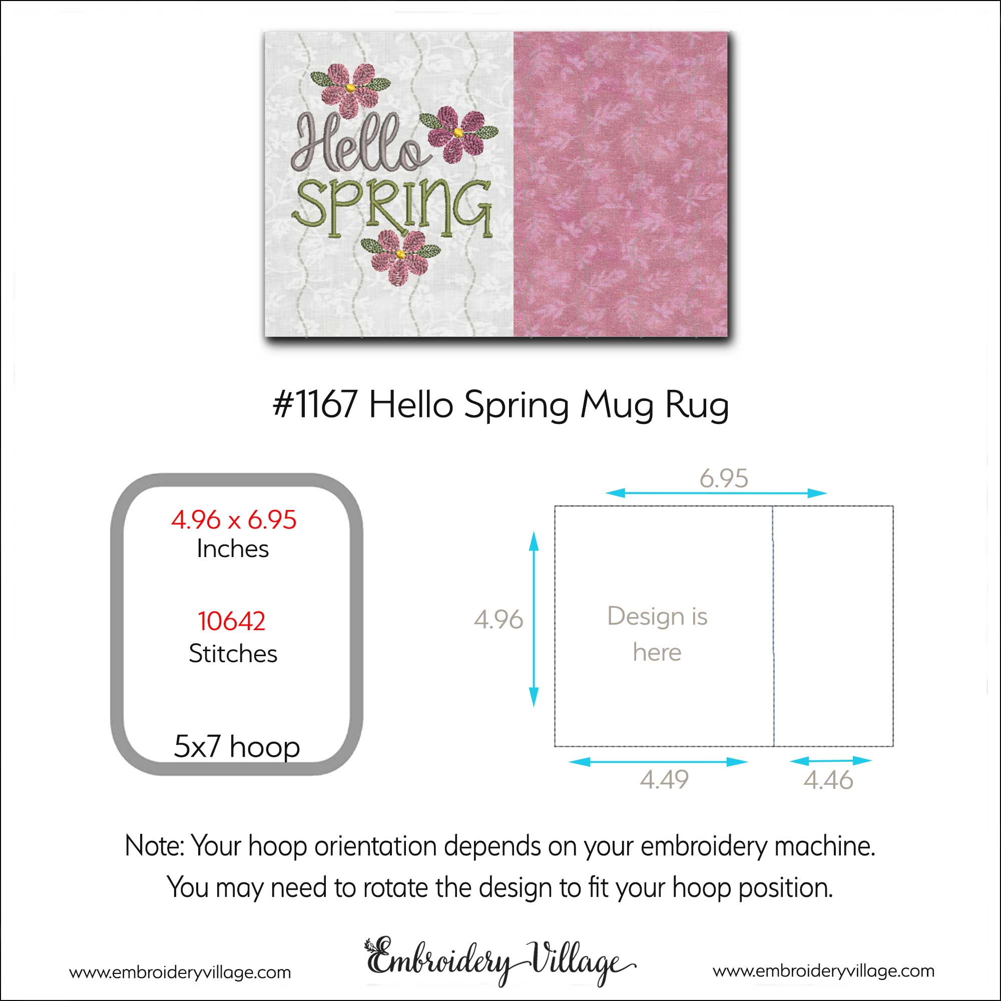 Hello Spring Mug Rug #1167 - Embroidery Village LLC